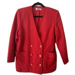 Vintage 80s Red Double-Breasted Blazer 3/4 Sleeve Padded Shoulders Collarless-L